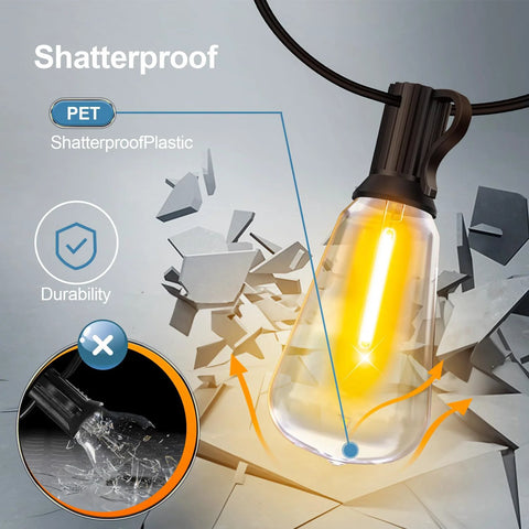 Brighten patios and yards with 100 ft weatherproof LED string lights, 37 ST38 bulbs, a warm 2700K glow, remote dimming