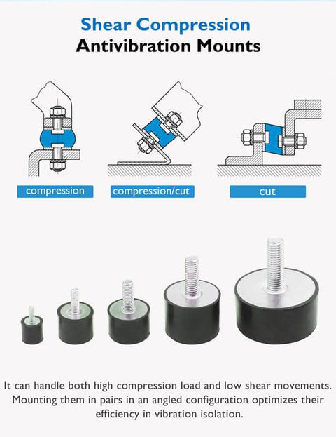 Shear compression antivibration mounts with diagrams and various sizes, including M4 Rubber Vibration Isolator Mounts With Single Stud Shock Absorber For Mechanical Vibration Damping Anti Vibration Silent Blocks For Motors Pumps And Compressors Includes 2 M4 Mounts And 2 Lock Nuts