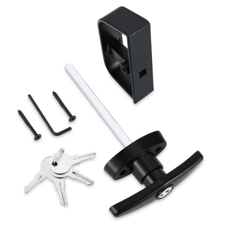 Shed door latch T handle lock kit with 4 keys, heavy duty metal hardware and tools, black powder coated finish, front view