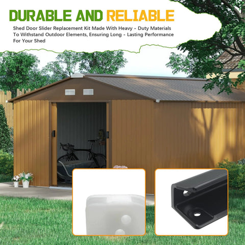 Door Tune Up Kit For Arrow DK100 A Sliding Shed Doors Replacement Parts In Black, visible with shed in background
