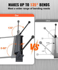 Comparison showing Box and Pan Brake 48 Inch Sheet Metal Bender bending up to 135°, versus 60-90° capacity of other bender.