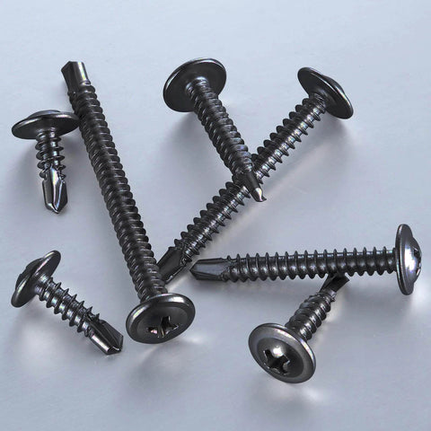 300pcs #8 x 3/4 Inch Sheet Metal Self Tapping Screws 410 Black Stainless Steel Truss Head displayed on table