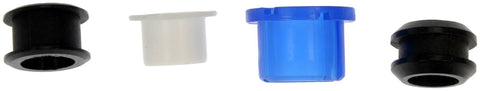 Shift Cable Bushing Kit Replacement For Select Models OE Fix By Dorman Includes Four Bushings Direct Fix For Worn Shifter Cables No Need To Replace Whole Cable Assembly Save Time And Cash - image showing the four included bushings in black, white, and blue colors.