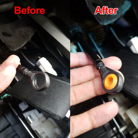 Before and after installation of 2 Pack Automatic Transmission Shift Cable Bushing Repair Kit for Nissan Armada Frontier Pathfinder Titan Xterra Infiniti QX56 QX80 and Suzuki Equator with Rapid Shift Enhancement
