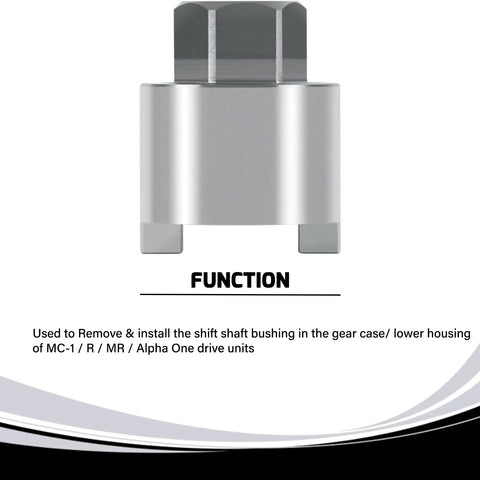 Heavy Duty Shift Shaft Bushing Tool For Mercury Mariner Mercruiser Outboards shown with function description.