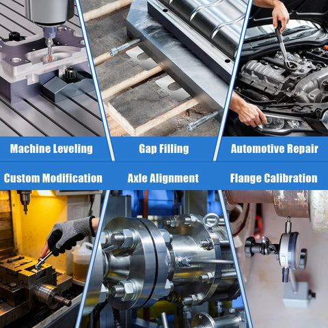 Collage showing uses of 156 Piece Pro Grade Stainless Steel Slotted Shim Kit For Leveling And Machining.