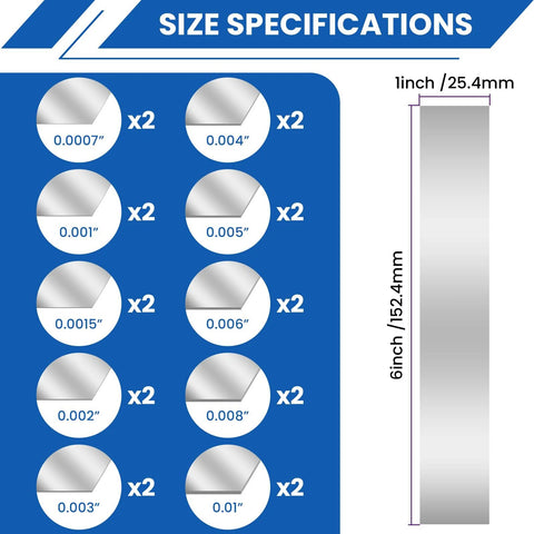 Shim Stock Assortment Kit MILYARD, 20 Pcs, 304 Stainless Steel Shims, size chart of 10 thicknesses from 0.0007 to 0.01 inch for leveling