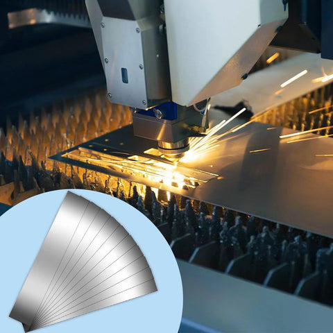 Industrial laser cutting process with included inset of 30 Piece Pro Grade Shim Stock Assortment in 304 stainless steel strips.
