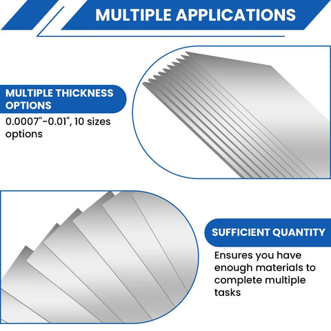 Shim Stock Assortment Kit MILYARD, 20 Pcs 304 Stainless Steel Shims, showing multiple thickness and quantity options for various applications.