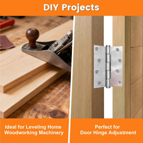 Close-up of wood plane on timber and door hinge, featuring DIY projects with 30 Piece Shim Stock Assortment Set 2 In W X 6 In L Metal Shims.