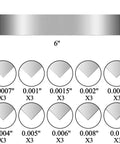 Pro Grade 30 Piece Shim Stock Set In 304 Stainless Steel with thickness sizes from 0.0007 in to 0.01 in, shown in a diagram.