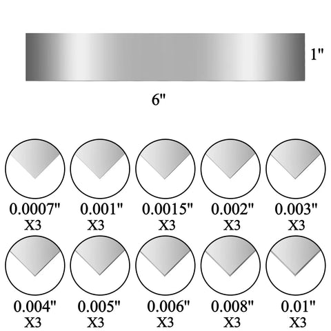Pro Grade 30 Piece Shim Stock Set In 304 Stainless Steel with thickness sizes from 0.0007 in to 0.01 in, shown in a diagram.