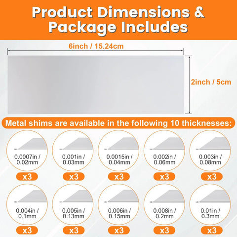 30 Piece Shim Stock Assortment Set 2 In W X 6 In L Metal Shims For Leveling And Alignment Premium 304 Stainless Steel Thin Shim Stock 10 Thicknesses From 0.0007 In To 0.01 In Great For Machinists DIY And Home Repairs dimensions chart