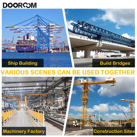 Collage of various industrial scenes: ship building, bridge construction, machinery factory, and construction site with cranes.