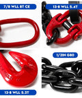 Shipping Container Loading Chain (1/2" x 5'), red and black G80 hooks and V-Chain, suitable for cargo, warehousing, and mechanical systems.