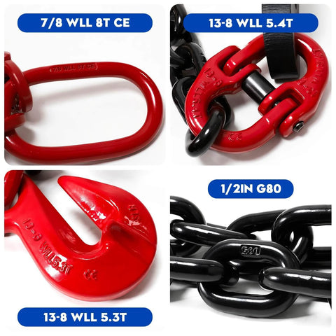 Shipping Container Loading Chain (1/2" x 5'), red and black G80 hooks and V-Chain, suitable for cargo, warehousing, and mechanical systems.