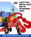 Shipping Container Loading Chain with Chain Bridle Hooks G80 and V-Chain in front of stacked cargo containers.