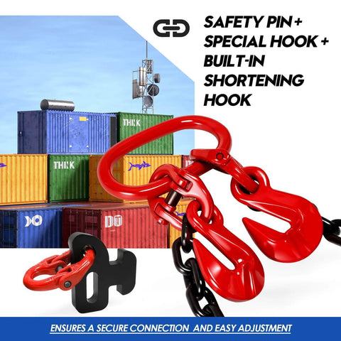 Shipping Container Loading Chain with Chain Bridle Hooks G80 and V-Chain in front of stacked cargo containers.