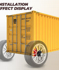 Installation view of Heavy Duty Shipping Container Wheels Kit For 20-40ft Containers, 6-Lug Casters fitted on yellow container