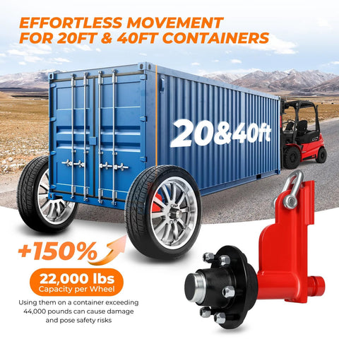 2 Pack Shipping Container Wheels 6 Lug Axles Kit With Ratchet Tie Down, moving blue container with industrial wheel.