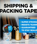 Scotch Heavy Duty Packaging Tape 1.88 In x 54.6 yd Clear 3 In Core 6 Rolls displayed with packing supplies