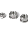 Image of SHNRS-M10 NBK Anti Theft Nuts-Made in Japan showing three stainless steel nuts of various sizes.
