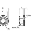Diagram showing dimensions of SHNRS-M12 NBK Anti Theft Nuts-Made in Japan with base nut and cover nut labeled.