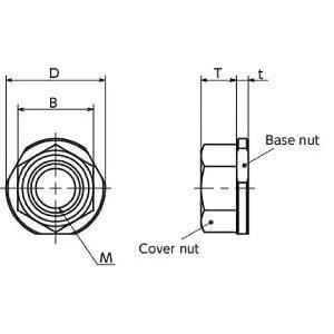 Technical diagram of SHNRS-M8 NBK Anti Theft Nuts-Made in Japan with dimensions for base and cover nuts.