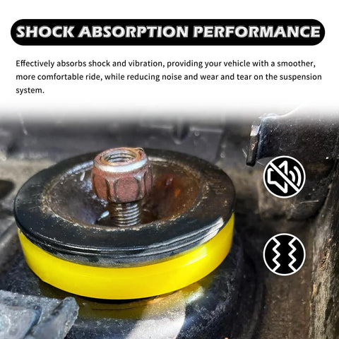 Close-up of a yellow 2 Pack Silencer Shock Bushing installed on an automotive part, showcasing shock absorption and noise reduction features.