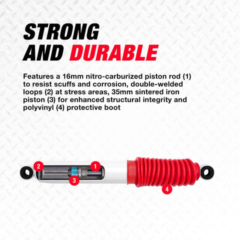 Heavy Duty Suspension Shock Absorber For Chevy Silverado 1500, Avalanche 1500, Suburban 1500, Tahoe RS5000X RS55265 focus on durability features.