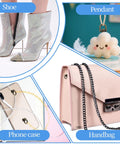 Collage of glitter shoes, cute cloud pendant, phone case with chain, and pink handbag showing fashion and accessories