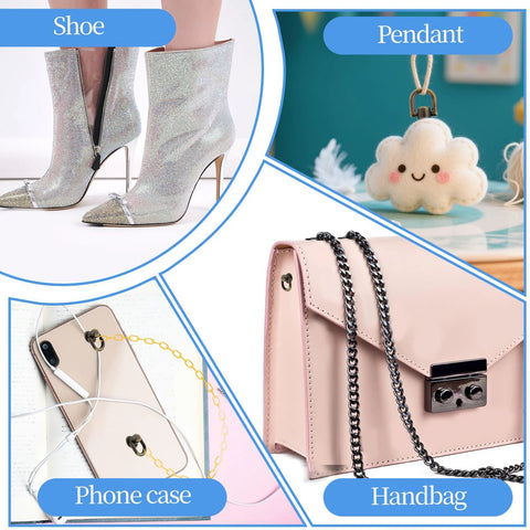 Collage of glitter shoes, cute cloud pendant, phone case with chain, and pink handbag showing fashion and accessories