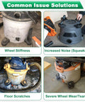 Common issue solutions for Ridgid Shop Vac vacuum cleaners with caster wheels showing wheel stiffness, noise, floor scratches, wear