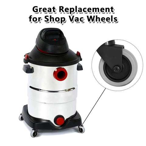 Vacuum cleaner with inset showing replacement non-marking TPR caster wheel for mop buckets, 3-inch diameter, grip ring stem.