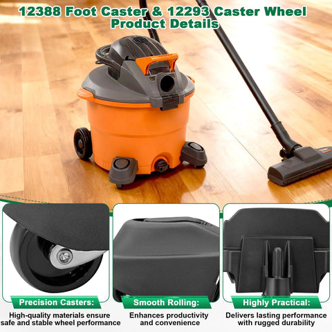 Replacement Foot Caster And Caster Wheel For Shop Vacuums 6 To 16 Gallon Fits WD16650 WD06350 shown with vacuum on wood floor