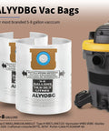 Shop Vacuum Bag Set For Five To Eight Gallon Vacuums Type E And Type H Compatible With VHBS VDBS High Efficiency Disposable Vacuum Filter Bags Five Pack With Two And A Half Inch Nozzle Attachment product image showing bags and vacuum.