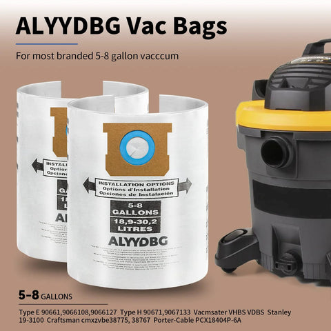 Shop Vacuum Bag Set For Five To Eight Gallon Vacuums Type E And Type H Compatible With VHBS VDBS High Efficiency Disposable Vacuum Filter Bags Five Pack With Two And A Half Inch Nozzle Attachment product image showing bags and vacuum.
