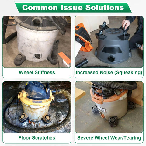 Replacement Foot Caster And Caster Wheel For Shop Vacuums 6 To 16 Gallon showing common issues like wheel stiffness and noise