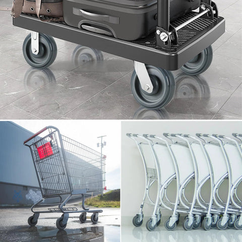 Collage image of shopping carts and trolleys showcasing the 16 Pack 5 Inch Shopping Cart Replacement Wheels Kit With Double Ball Bearing TPU Silent Casters For Supermarkets Grey, Built With Abrasion Resistant Polyurethane, Silent Shock Absorber, Wear Resistant And High Impact, Non Marking.