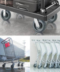 Image collage showing supermarket carts with installed 12 Pack Shopping Cart Replacement Wheels Kit with 5 Inch TPU Casters, grey wheels.