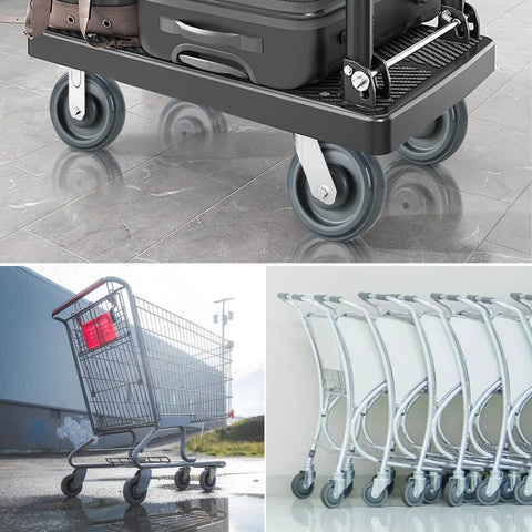 Image collage showing supermarket carts with installed 12 Pack Shopping Cart Replacement Wheels Kit with 5 Inch TPU Casters, grey wheels.
