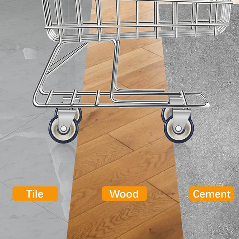 Shopping cart with 12 Pack Shopping Cart Replacement Wheels Kit with 5 Inch TPU Casters on tile, wood, and cement floors.