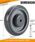 16 Pack 5 Inch Shopping Cart Replacement Wheels Kit With Double Ball Bearing TPU Silent Casters For Supermarkets Grey, dimensions shown