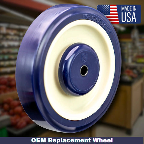 Universal Replacement Shopping Cart Wheel 5 Inch By 1.25 Inch Blue And Tan Crown TPU Tread With Dual 5 16th Precision Bearings