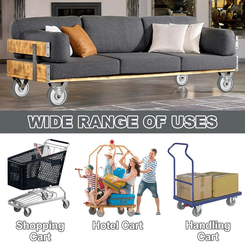 6-Piece Shopping Cart Wheel Replacement Kit With 5-Inch Wheels Axles Bolts And Washers Nylon And Polyurethane Construction Durable Grey Wheels With Bearings And Tread For Smooth Rolling displayed in various uses such as shopping, hotel, and handling carts