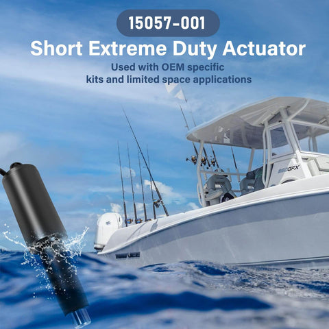 12V Beefed Up Short Extreme Duty Actuator With 2.25 Inch Stroke And Five Sixteenths Inch Hardware Leads With Deutsch Connectors Replacement For Lenco101XDS for marine use shown near a boat