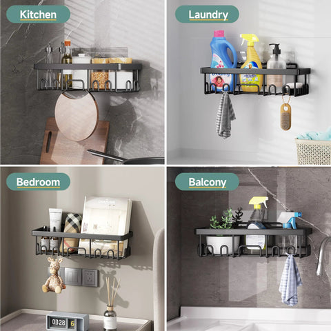 Rustproof shower caddy set with no-drill adhesive mounts delivering easy wall storage for bath essentials and more, installed.