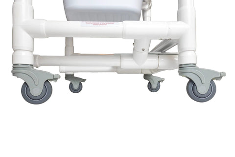 Deluxe Replacement Shower Chair Wheels Set Of Four Locking Rubber Casters With Smooth Stem installed on RL 1 chair