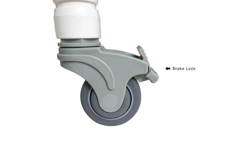 Deluxe Replacement Shower Chair Wheels Set Of Four Locking Rubber Casters With Smooth Stem, close-up of brake lock on caster