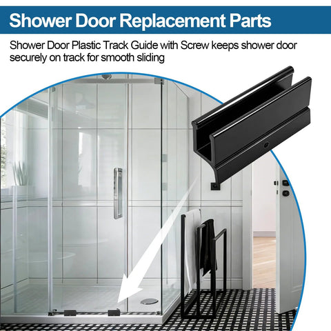 Replacement Sliding Shower Door Bottom Guide For Standard Glass Doors Half Inch By Three Inch Black Plastic Track With Screws Durable Quiet Operation Wide Compatibility Up To Half Inch Panel Thickness Includes Two Guides in a modern bathroom setting.